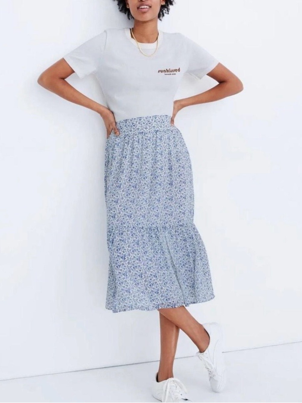Madewell Tiered Peasant Minimalist Midi Skirt Blue Floral Smocked Waist Lined M
